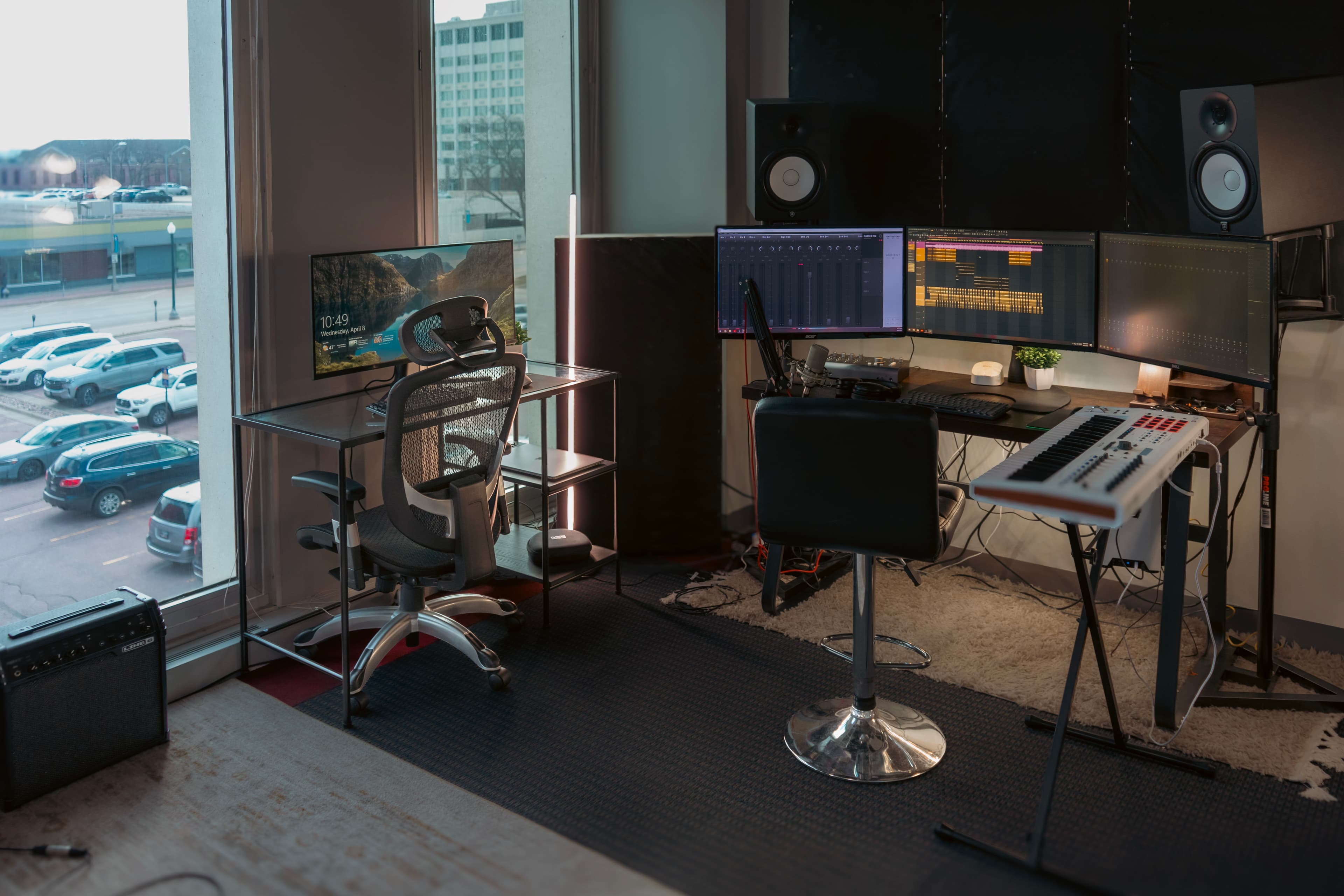 MA Music studio — desk, monitors, keyboard, and vocal recording setup